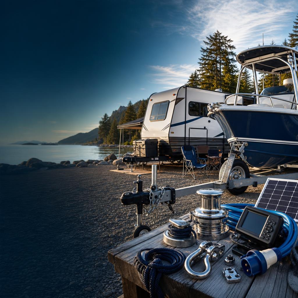 Travel trailer and boat beside a mountain lake with marine and RV equipment